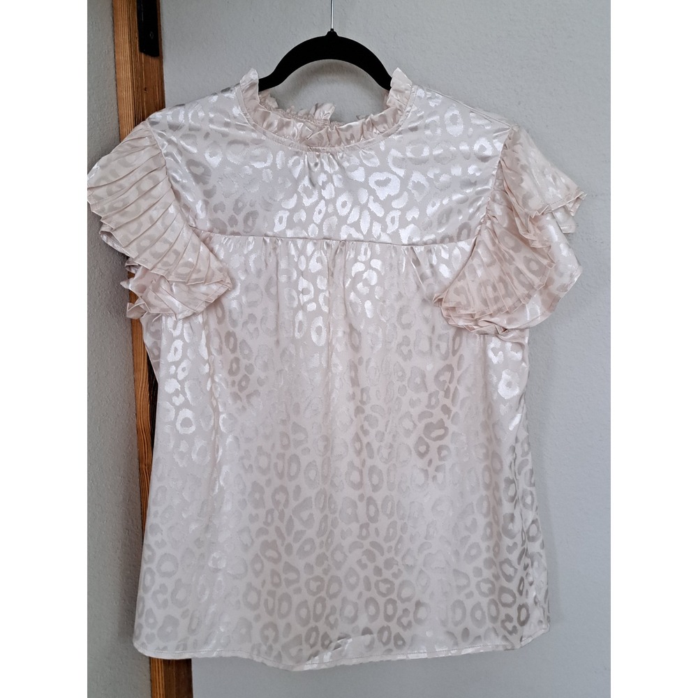 Shein Womens XL Pink Leopard Jacquard Ruffle Neck Pleated Flutter Sleeve Blouse